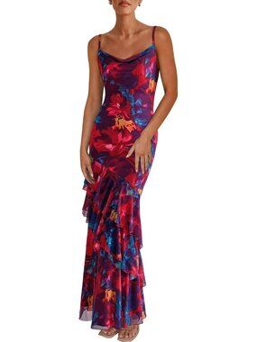 Women's Navy Red Maxi Dress Summer Tiered Floral Beach Sundress Spaghetti Strap